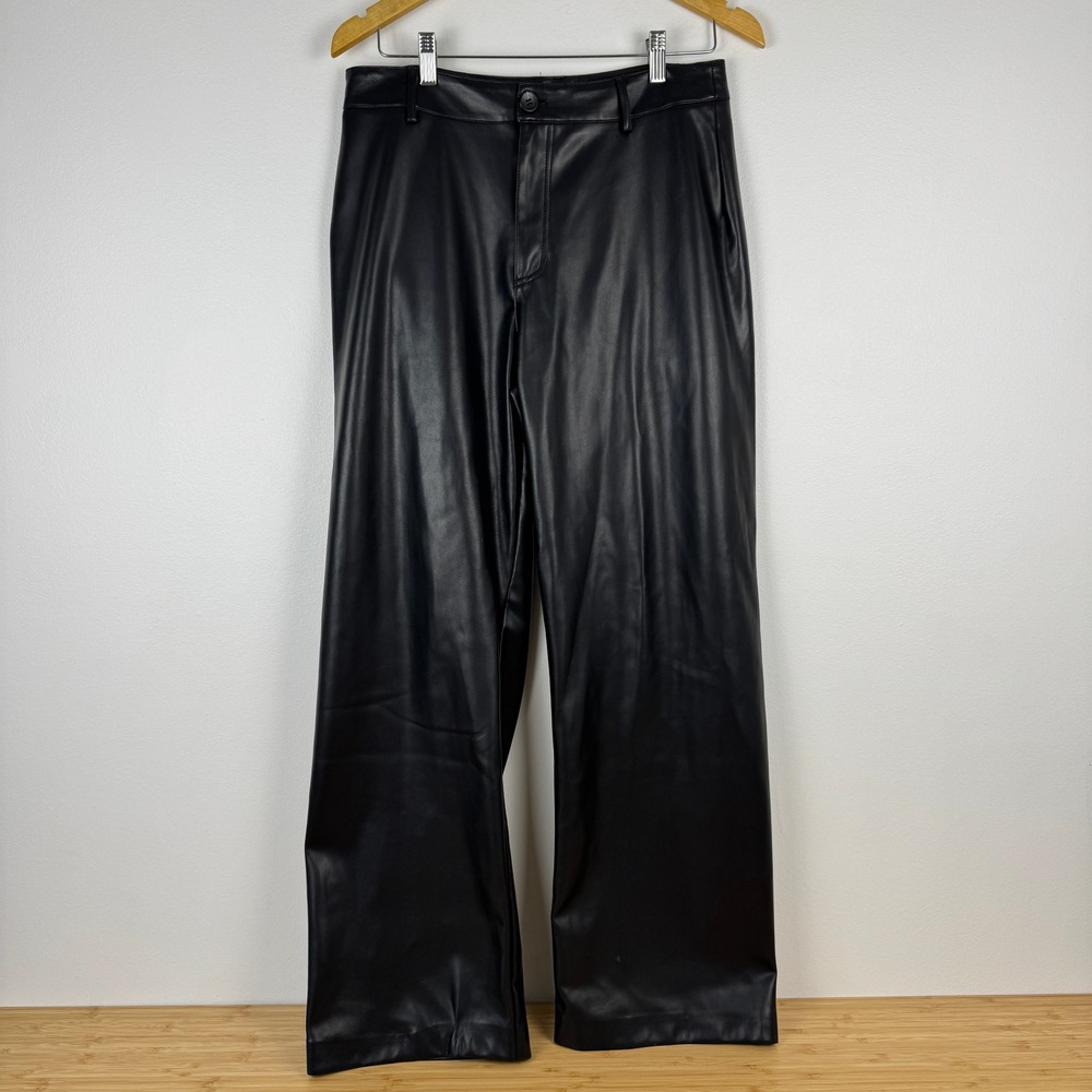 Primark Black Faux Leather Wide Leg Trousers Pants Womens Size 8 Old Money
